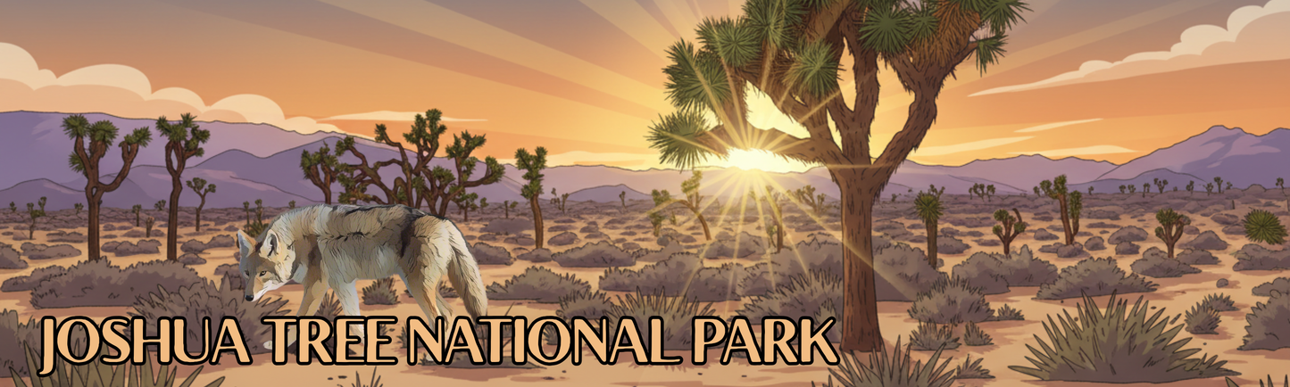 Joshua Tree National Park design featuring a panoramic desert landscape, Joshua trees, and coyote.