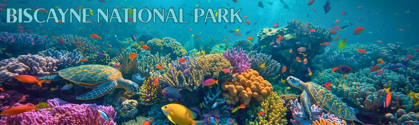 Underwater scene with colorful coral reefs and marine life in Biscayne National Park.