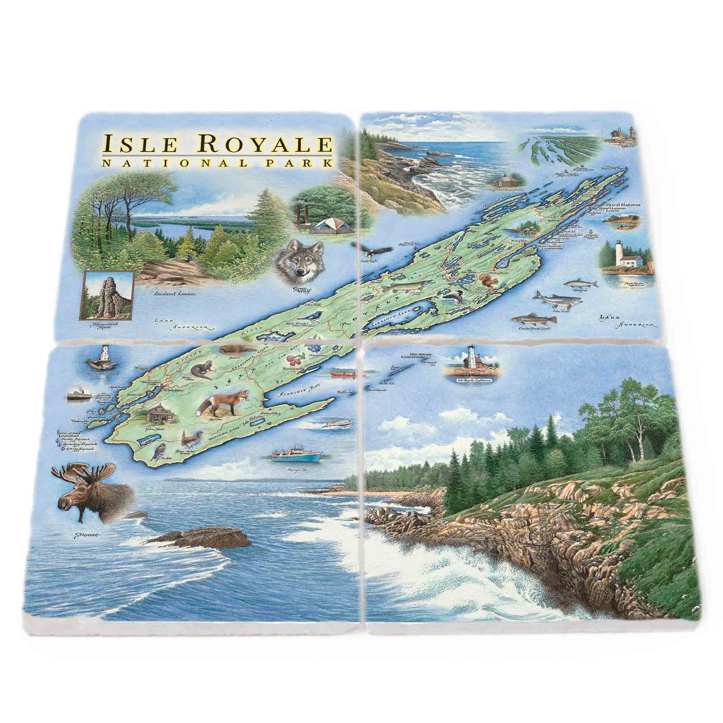 A set of four square coastals featuring illustrated scenes of Isle Royale National Park, including the park map, moose, boats on the water, and rocky shoreline with trees.