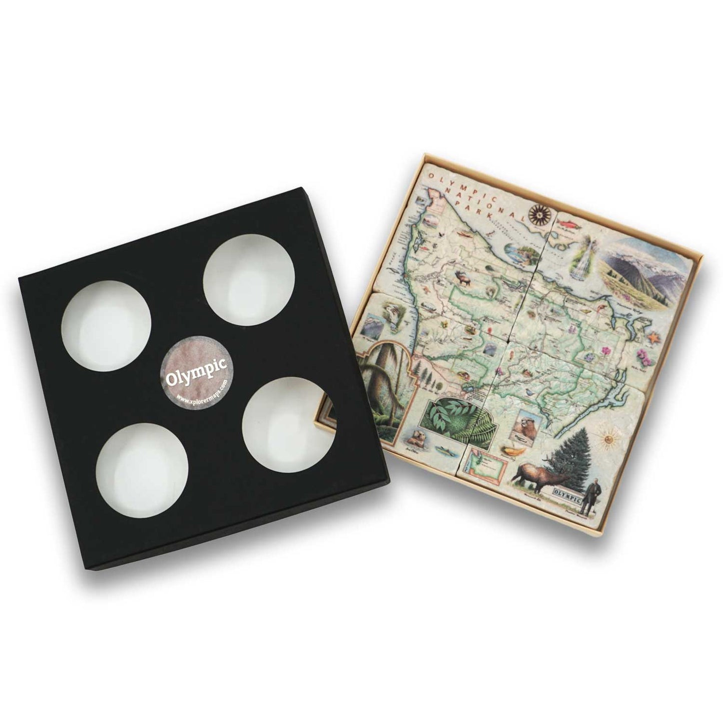 Olympic coaster set shown with its storage box.