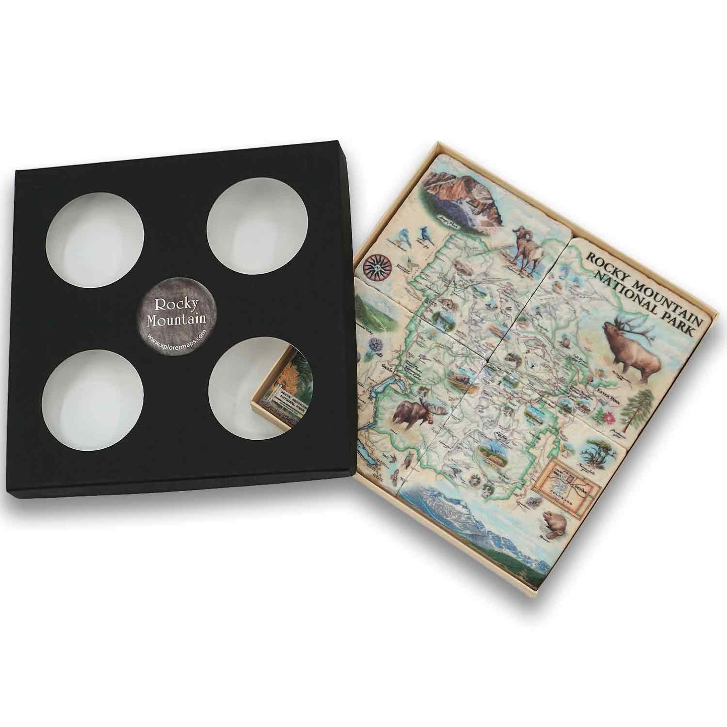 Set a four Rocky Mountain national parks, ceramic coasters in a display box against a white background
