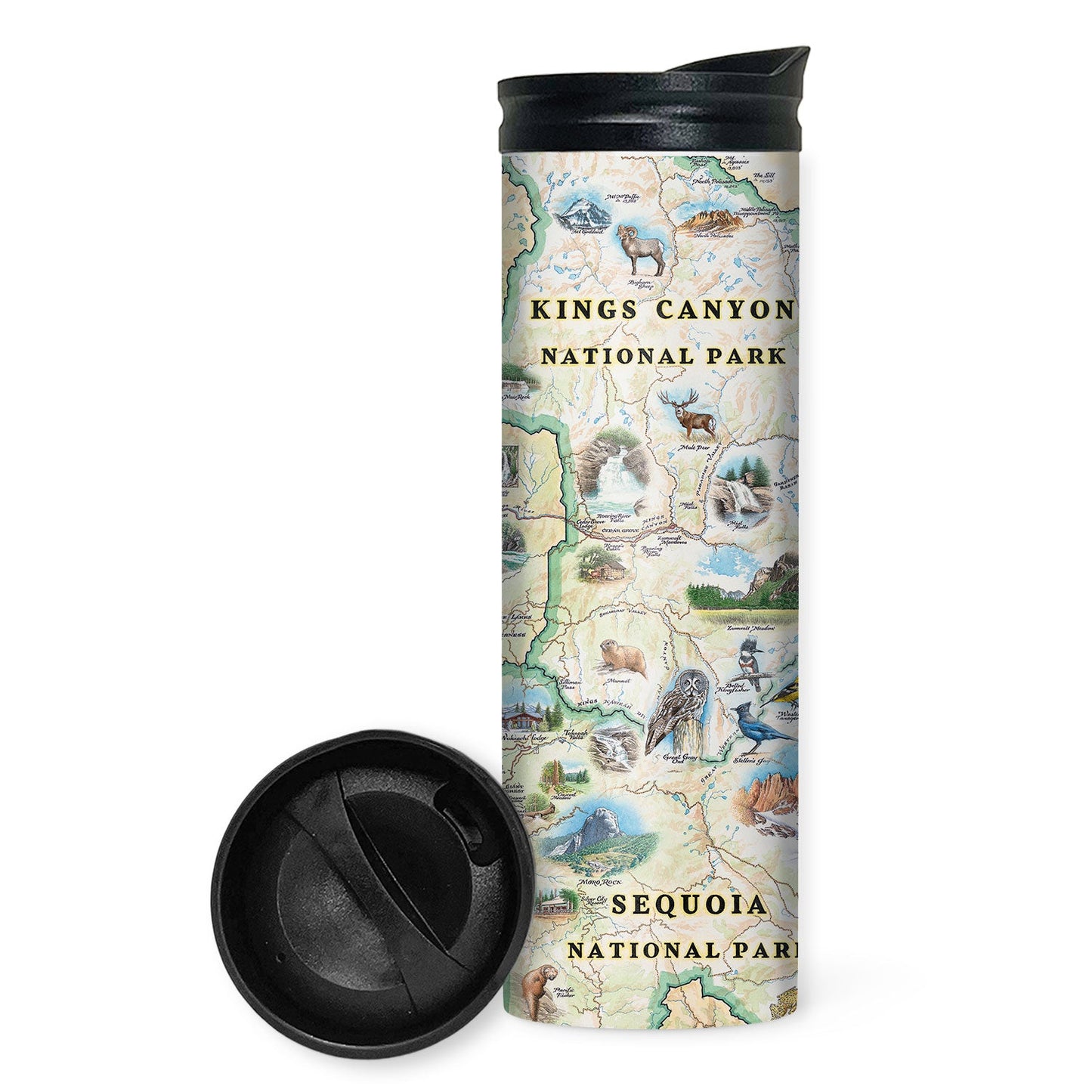 A tall insulated travel tumbler with a black lid, featuring a vintage-style illustrated map print of Kings Canyon National Park. The lid is shown detached and placed in front of the tumbler on a clean white background.