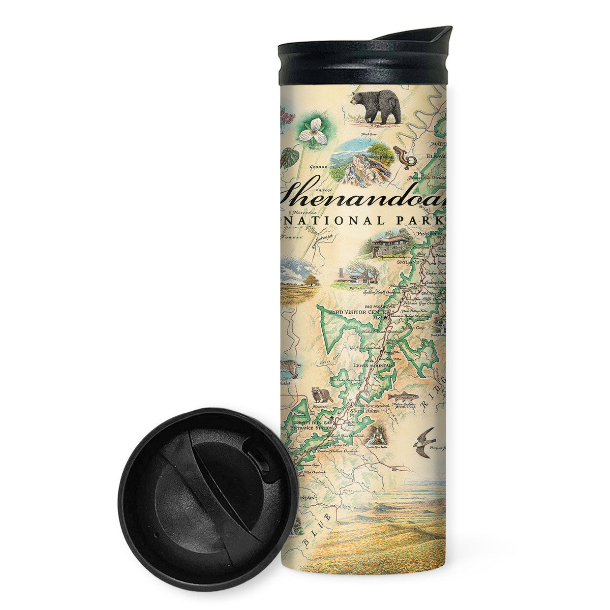 A tall insulated travel tumbler with a black lid, featuring a vintage-style Shenandoah National Park map print in beige, green, and brown tones. A separate black lid is shown in front of the tumbler on a white background.