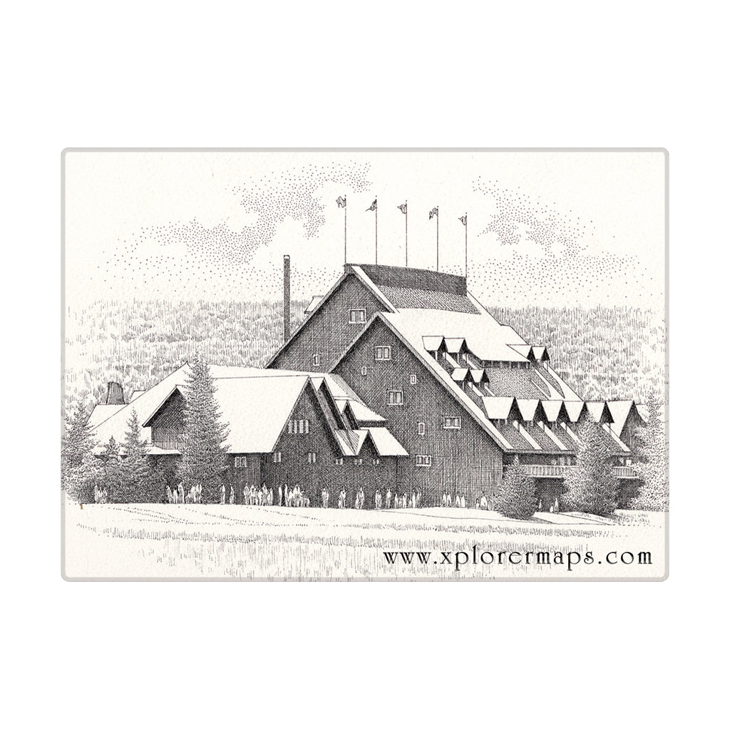 A black and white hand-drawn style magnet illustration of a large lodge or cabin with snowy roofs, trees, and a small crowd at the base, shown on a white background with the text www.xplorermaps.
