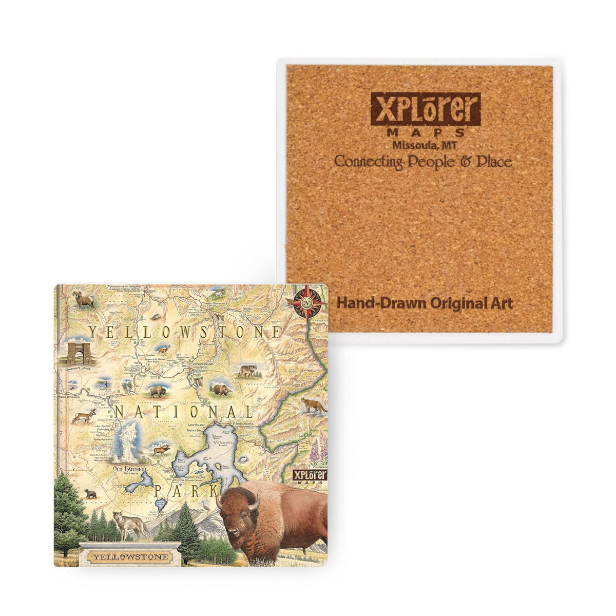 Two square coasters shown on a white background: one with a hand-drawn Yellowstone National Park map and bison illustration, and one with a tan cork-style panel printed with Xplorer Maps branding and 'Connecting People & Place.'.