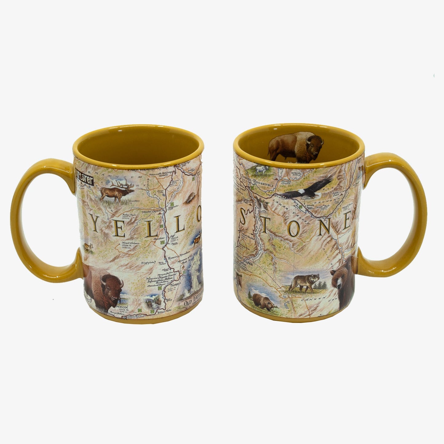 Two Yellowstone-themed mugs with map design on a white background