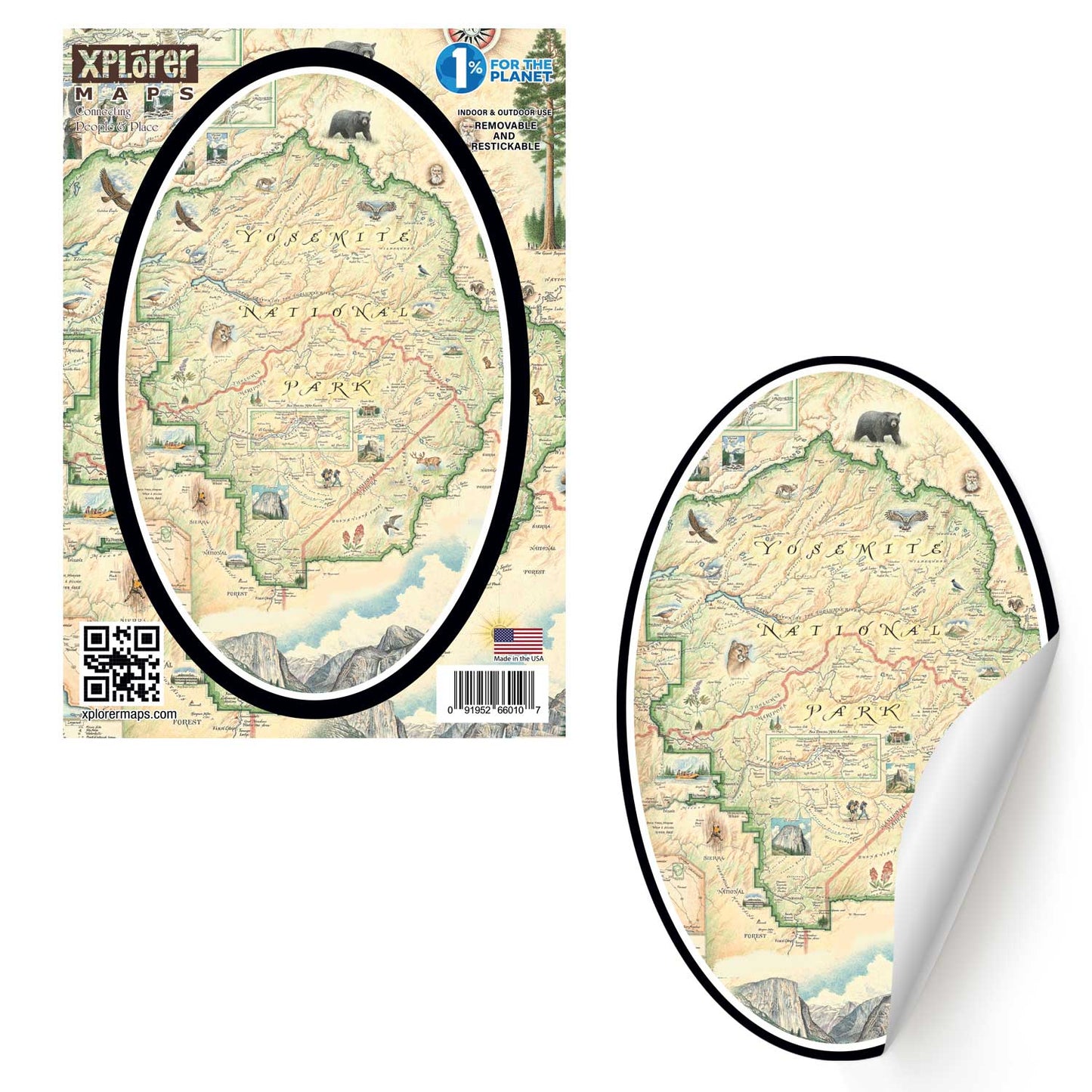 A vintage-style map sticker of Yosemite National Park shown in two views: one flat view on the left with a black oval highlighting the map area, and one curled-corner view on the right showing the peel-back backing. The map features illustrated wildlife and geographical details.
