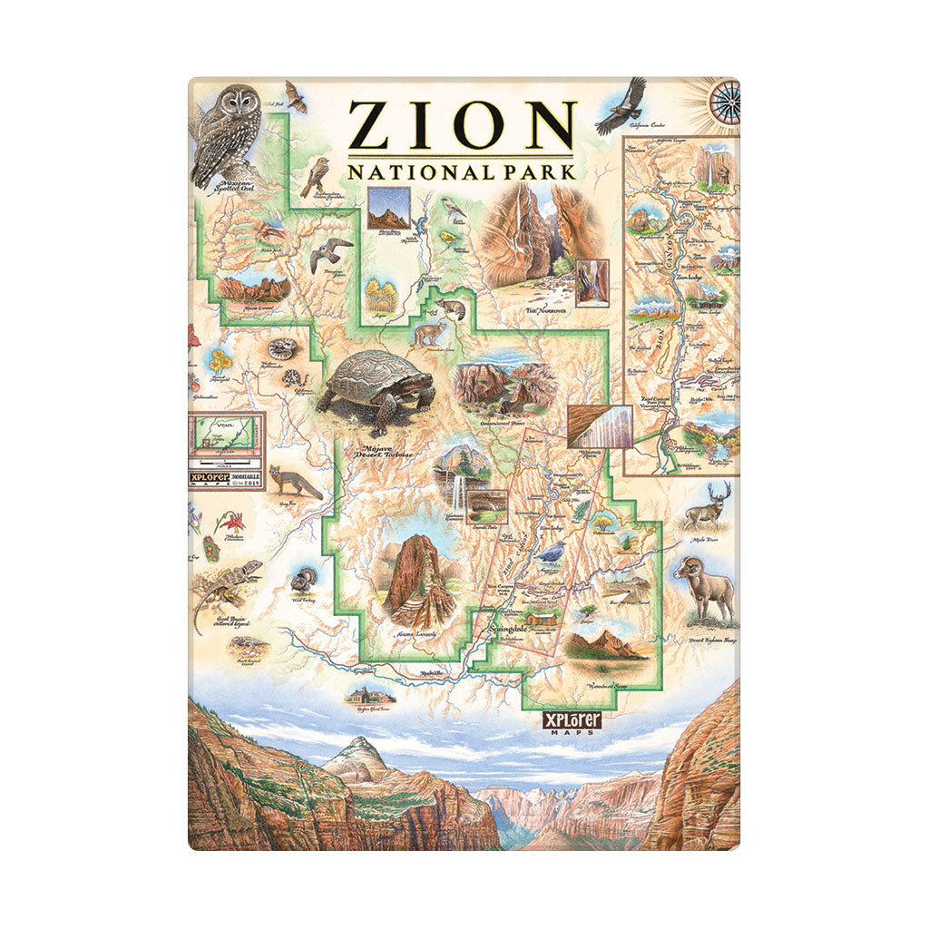An illustrated Zion National Park map magnet with the title 'ZION NATIONAL PARK' at the top, surrounded by scenic illustrations, wildlife, and canyon landscapes. The magnet is centered on a plain white background.