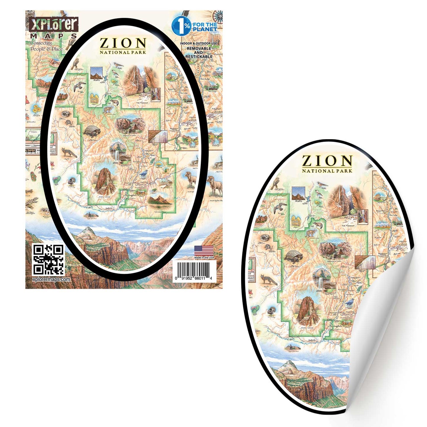 A Zion National Park map sticker shown flat on the left and partially peeled back on the right, with a large black oval highlighting the main printed area. The sticker features a detailed illustrated map with labeled sections, desert landscapes, and small scenic illustrations.