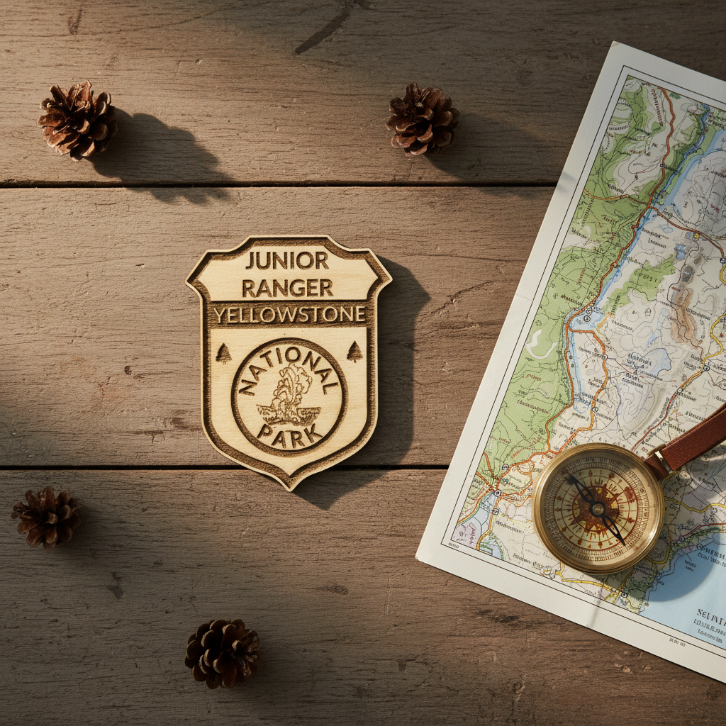 Yellowstone National Park badge laying on a wood table with maps and other decorative elements