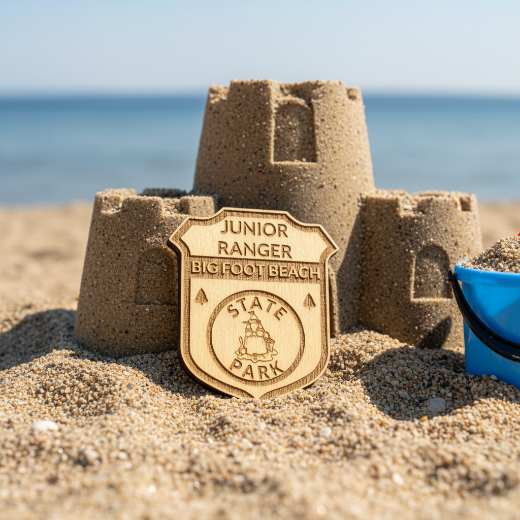 Sandcastle with a Junior Ranger badge on a sandy beach