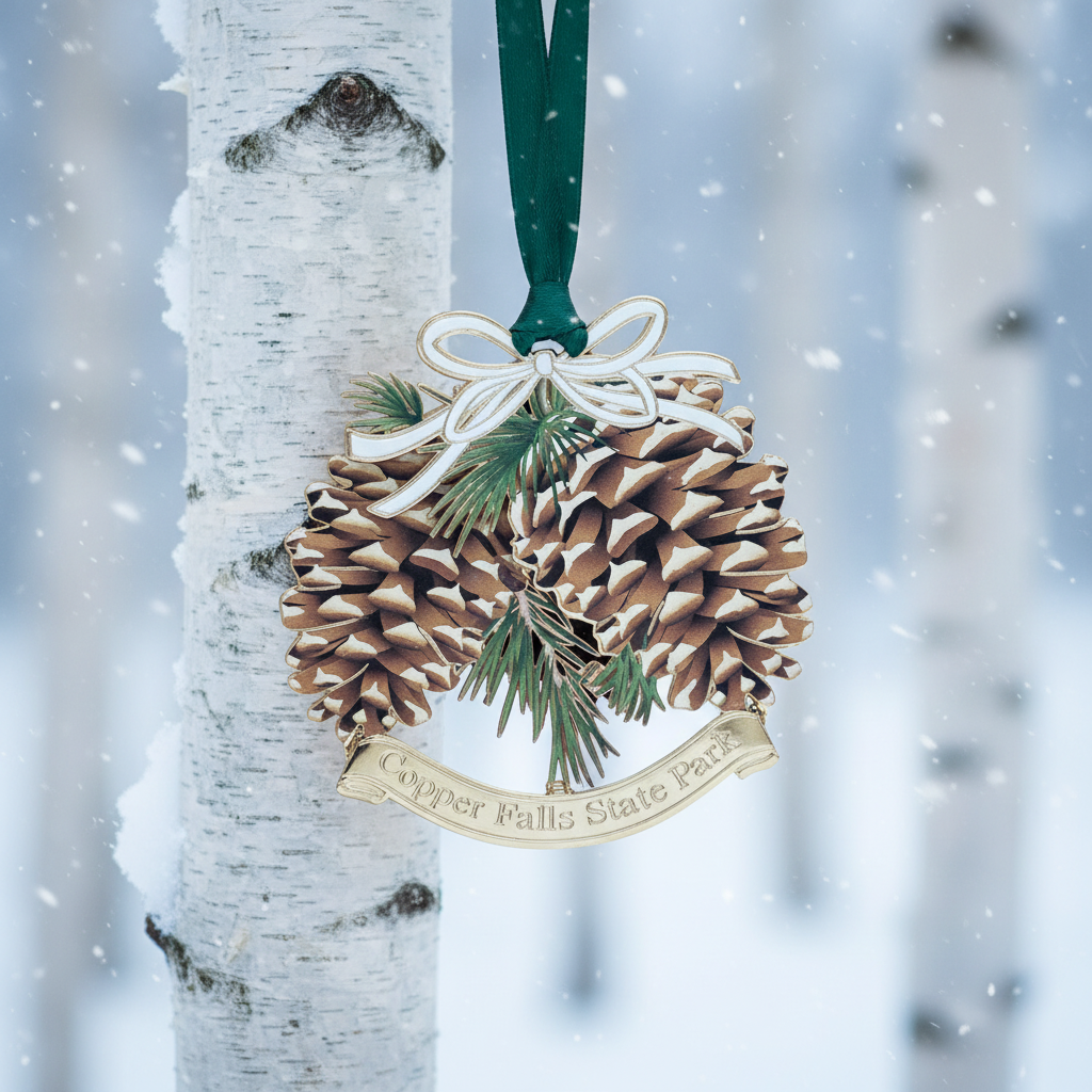 Pine cone ornament with greenery hanging on a tree branch in a snowy forest.
