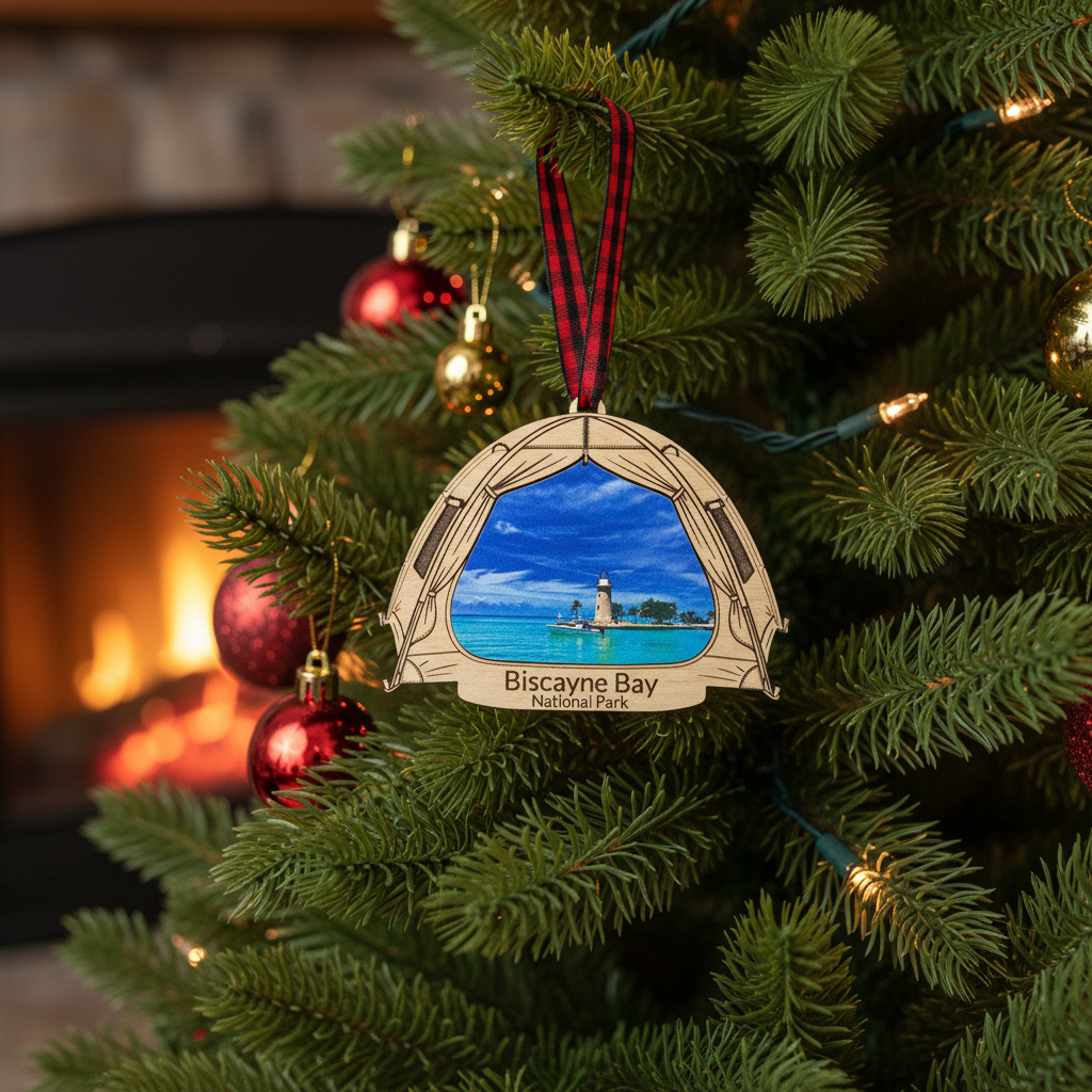 A personalized Christmas ornament shaped like a tent, hanging on a decorated Christmas tree in front of a warm fireplace. The ornament features a scenic print of Biscayne Bay with a lighthouse and the text 'Biscayne Bay National Park'.