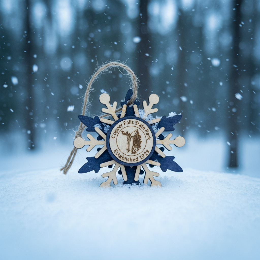Wooden snowflake ornament with 'Copper Falls State Park' text against a snowy forest background