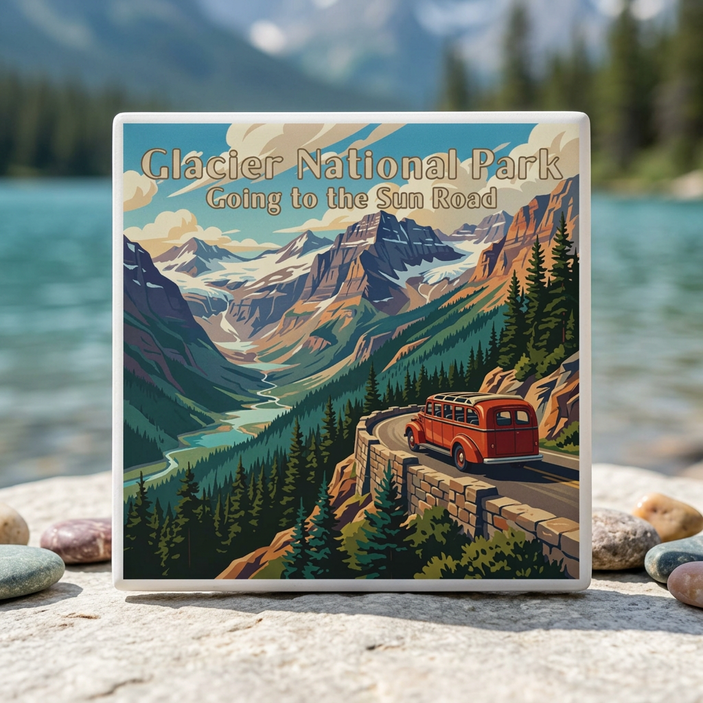 A square ceramic coaster featuring a retro-style illustration of Glacier National Park, 'Going to the Sun Road,' with a red vintage bus on a winding mountain road. The coaster is displayed on a stone surface with rocks on either side and a blurred lake and mountain background.