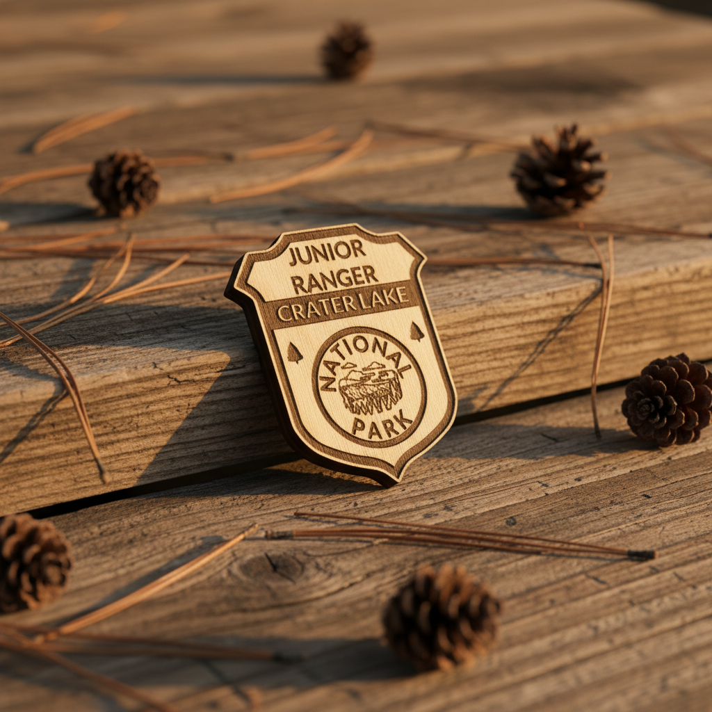 Crater Lake junior Ranger badge on Barnwood boards with Pineneedles
