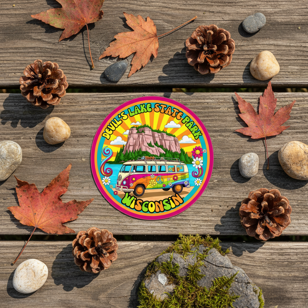 Colorful sticker of Devils Lake State Park, Wisconsin, surrounded by autumn leaves and pinecones on a wooden surface.