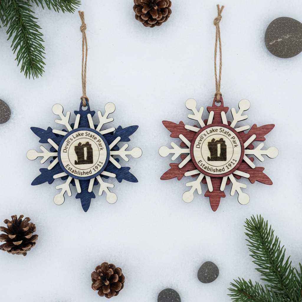 Two snowflake-shaped wooden ornaments with engraved text on a white background with pinecones and branches.