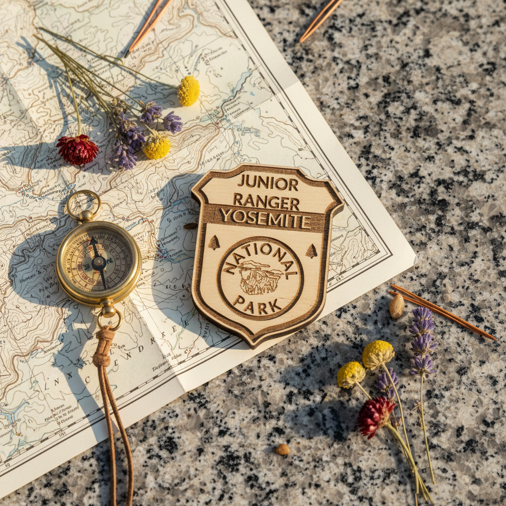 Yosemite national Park Wood, junior Ranger badge sitting on a granite countertop with map, compass, and other natural rustic elements
