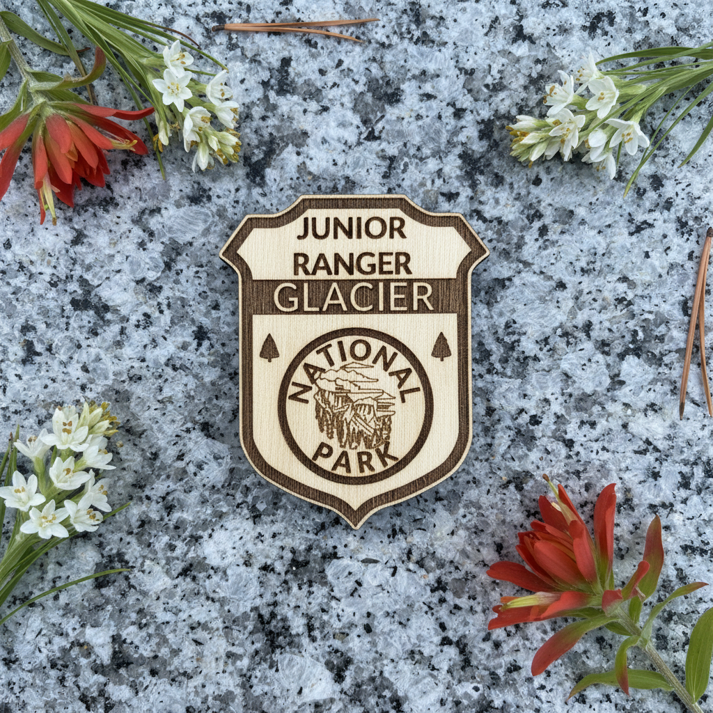 A wooden shield-shaped badge engraved with 'JUNIOR RANGER GLACIER NATIONAL PARK' and a ranger graphic, placed on a gray speckled stone surface with small white flowers and red wildflowers around it.