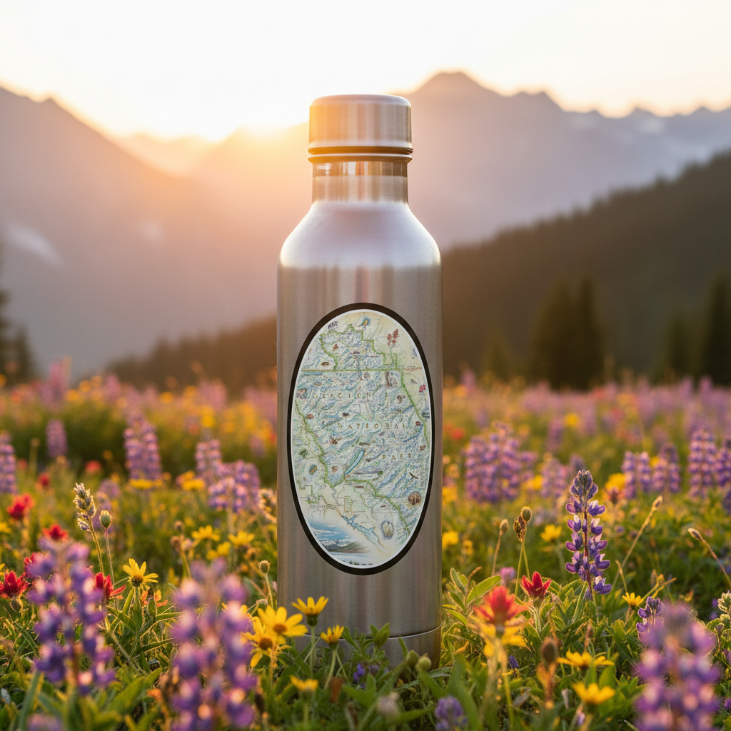 A stainless steel water bottle with a circular map graphic on the front, standing in a field of purple and yellow wildflowers with mountains in the background at sunset.