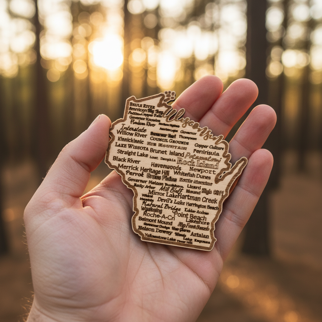 Hand holding a wooden Wisconsin park and forest magnet with a blurred forest background