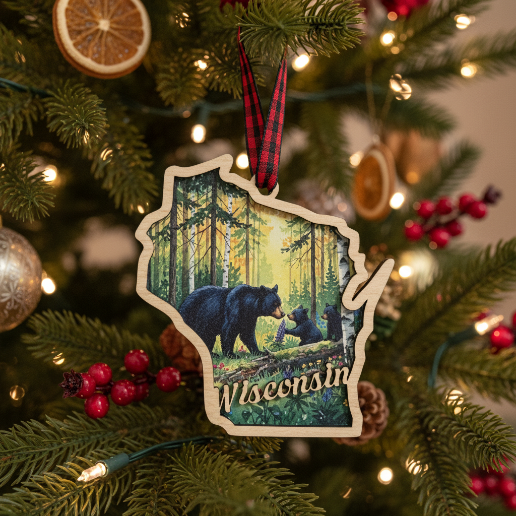 A Wisconsin-shaped Christmas ornament hanging on a decorated Christmas tree. The ornament features a printed forest scene with bears and the word "Wisconsin" at the bottom, and it has a red plaid ribbon hanger.