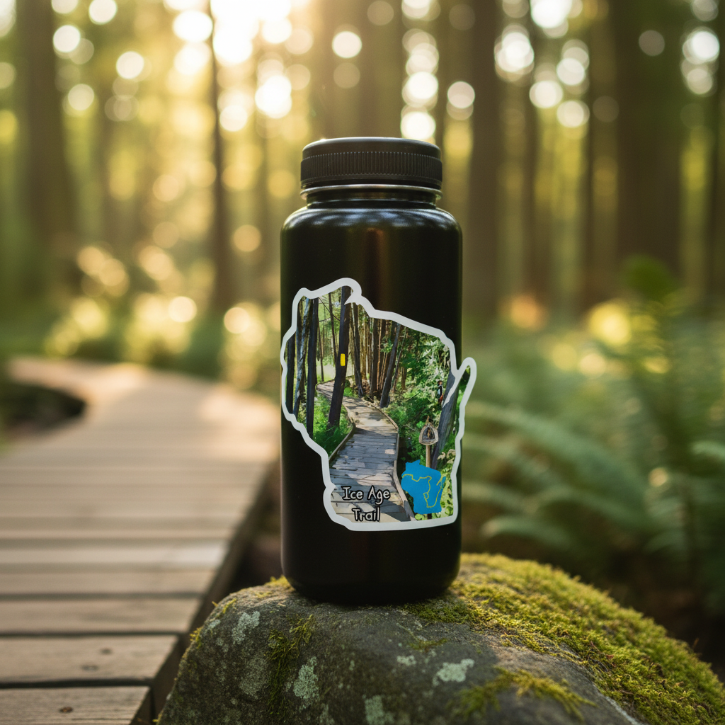 Black water bottle with a Wisconsin shaped ice age decal on a rock in a forest