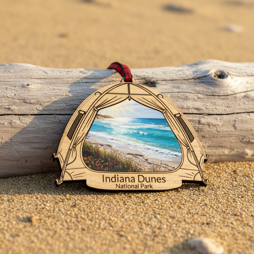 A wooden ornament shaped like a tent, featuring a printed scenic photo of Indiana Dunes National Park in the center and the text 'Indiana Dunes National Park' on the front. It hangs from a red and black striped ribbon and is placed on sand in front of a log.