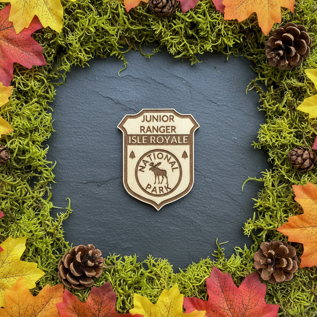 Junior Ranger Isle Royale National Park badge surrounded by autumn leaves and pinecones on a dark background