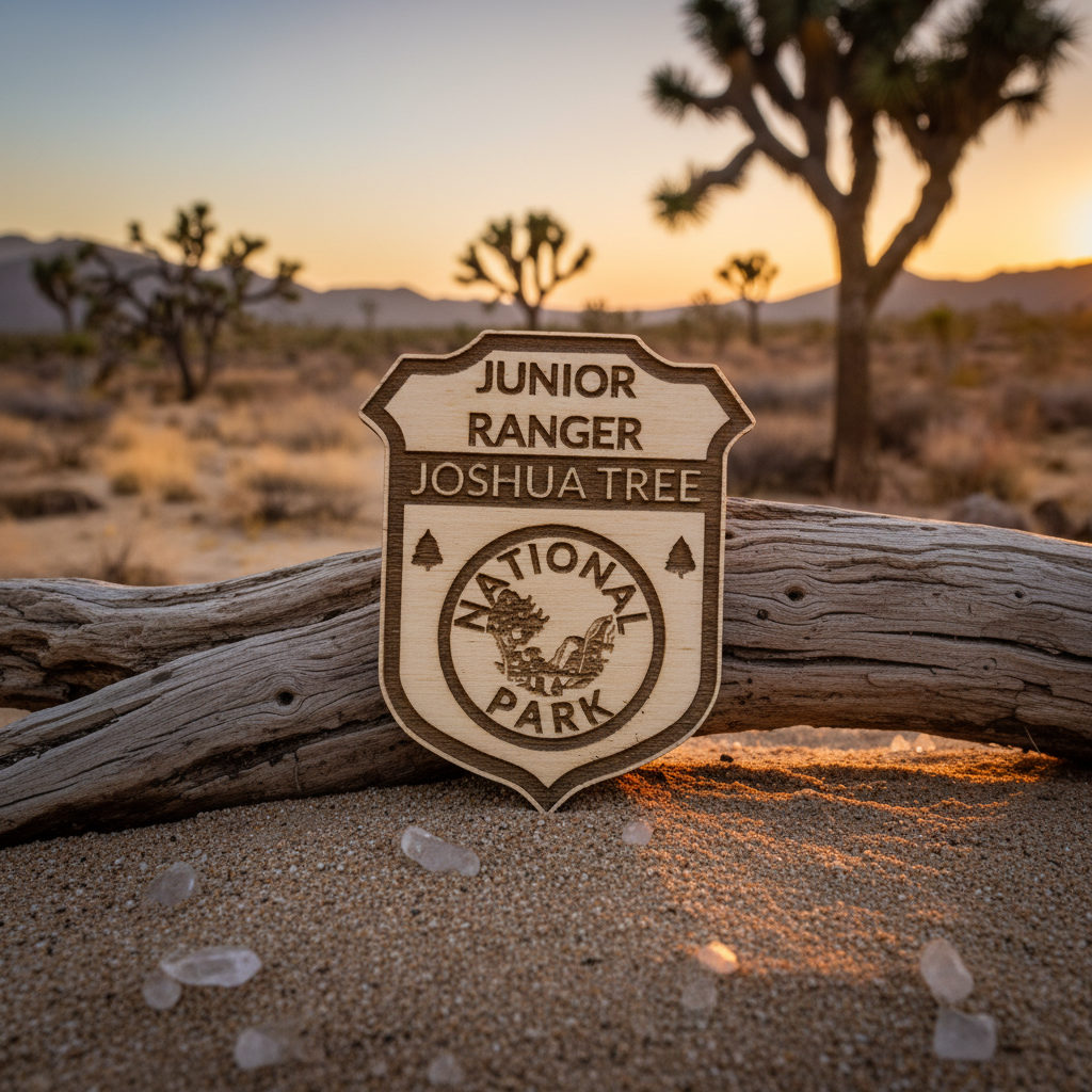 Joshua Tree, junior Ranger badge, lean against a branch with a sunset desert background
