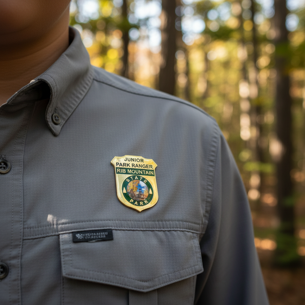 Gray shirt with a Junior Park Ranger badge in a forest setting