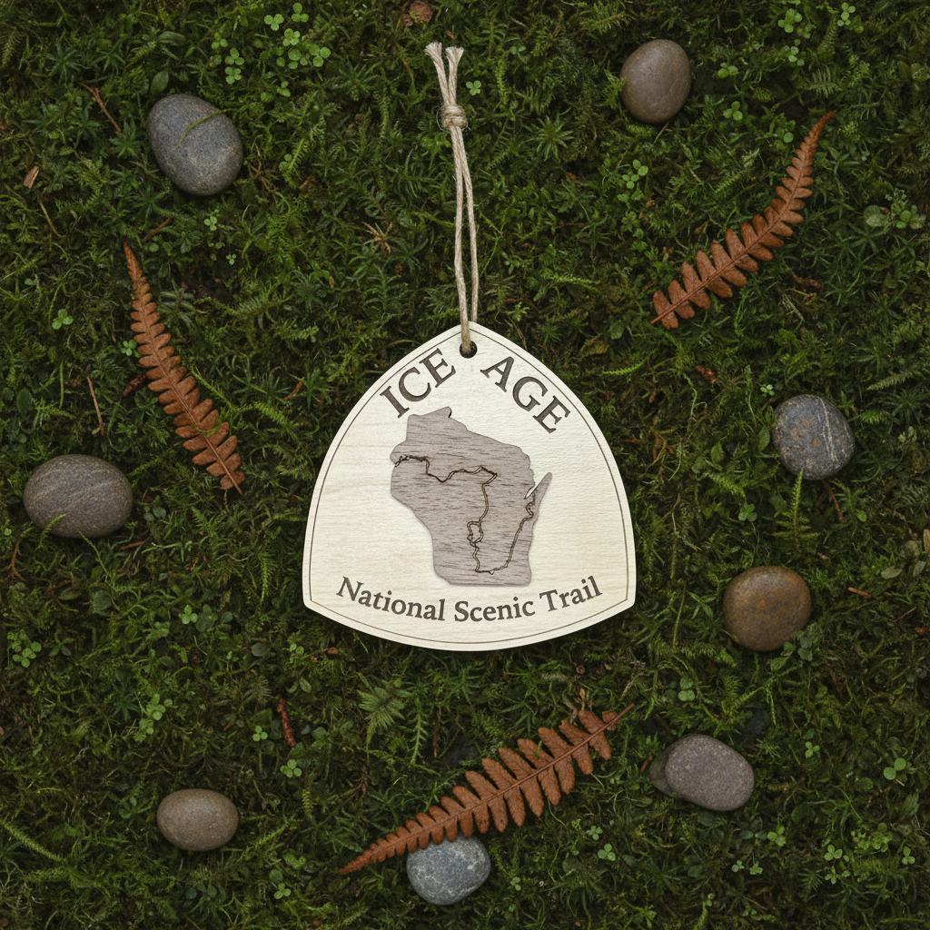 Decorative ornament for Ice Age National Scenic Trail on a mossy background with ferns and stones.