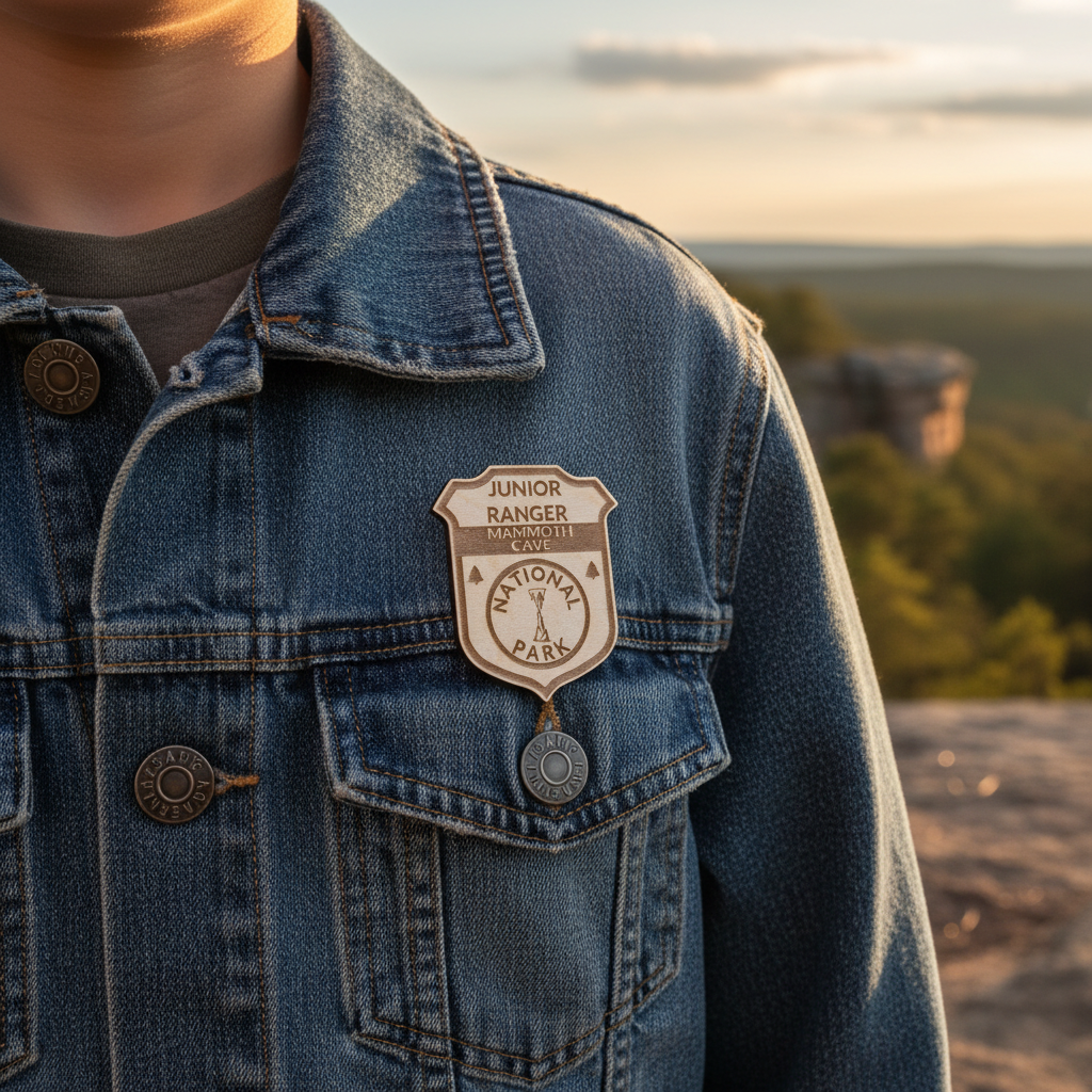 Person wearing a denim jacket with a Junior Ranger badge against a scenic background