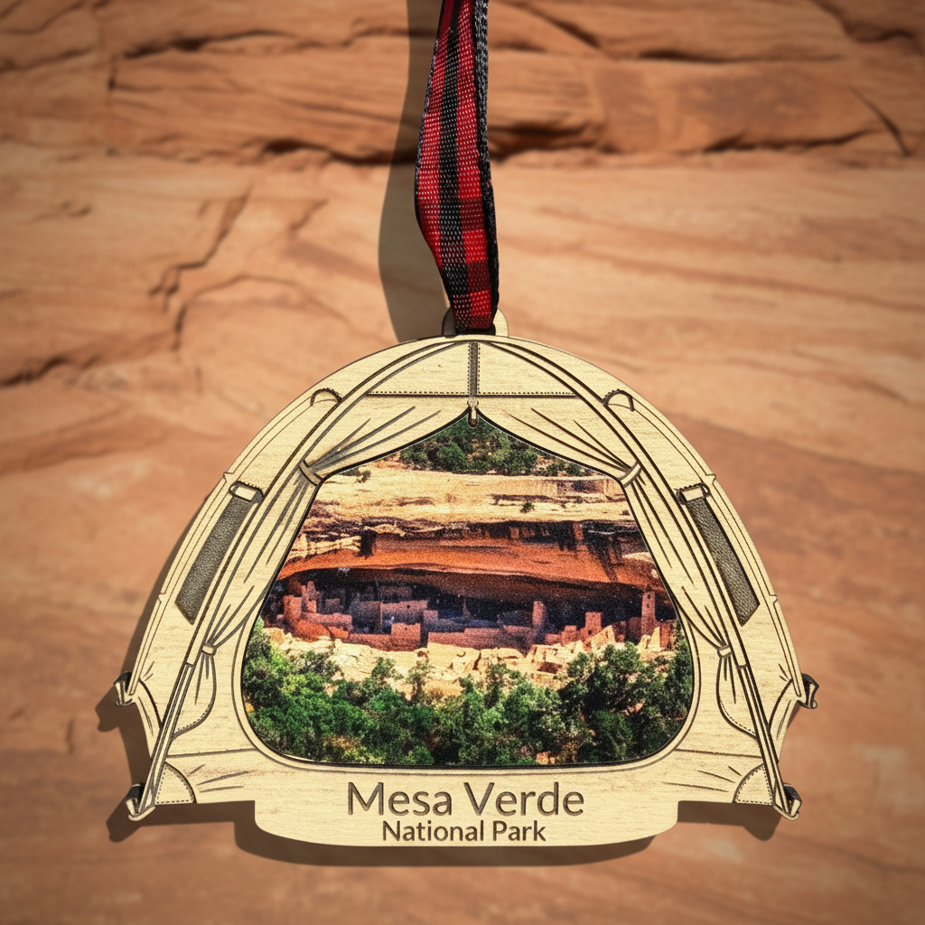 A wooden ornament shaped like a tent opening, featuring a printed photo of Mesa Verde National Park and the text 'Mesa Verde National Park' on the bottom, hanging from a red and black plaid ribbon against a sandstone background.