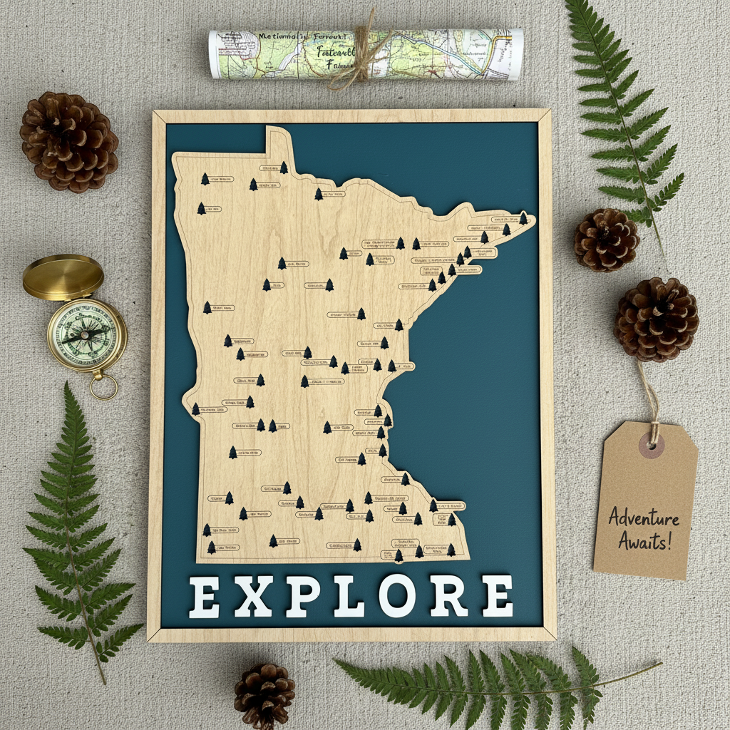 A framed Minnesota state map art print with a natural wood silhouette, black topographic markings, and the word 'EXPLORE' in white at the bottom, styled on a light fabric background with pinecones, ferns, a compass, a rolled map, and an 'Adventure Awards!' tag.