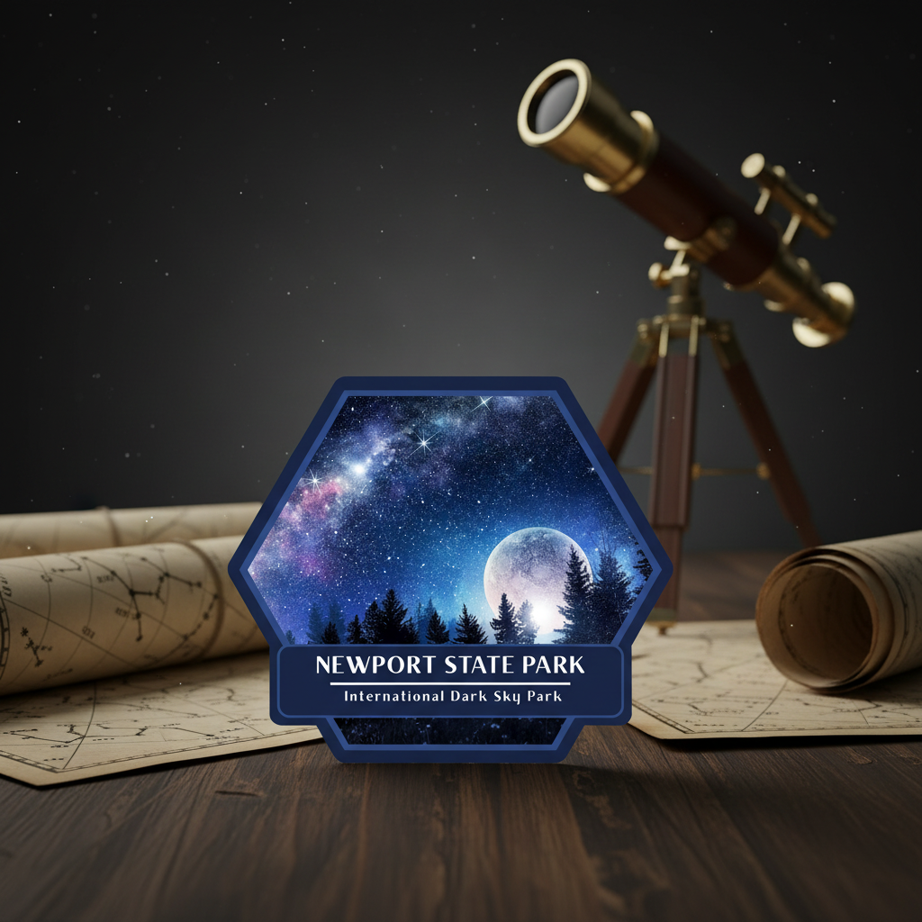Hexagonal sign with Newport State Park design, telescope, and maps on a dark background