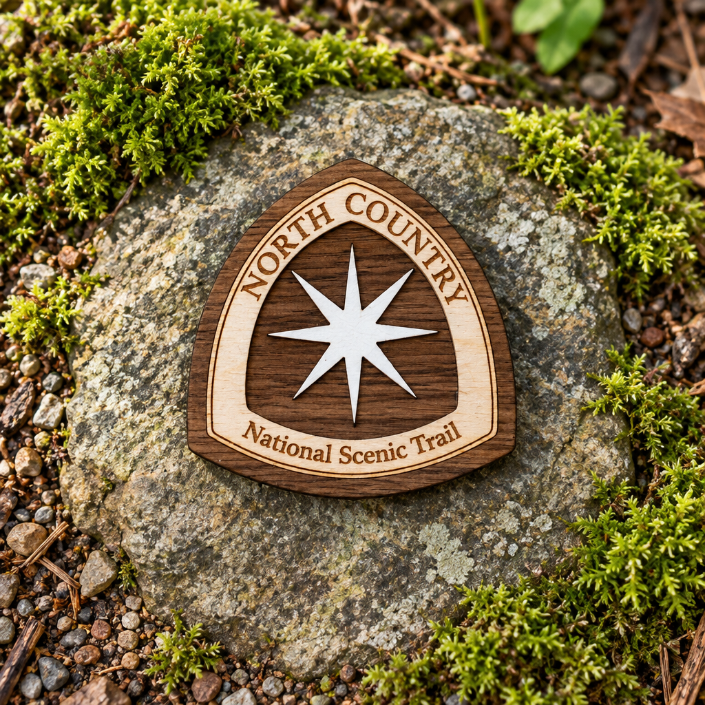 North Country Trail magnet on a woodland trail stone