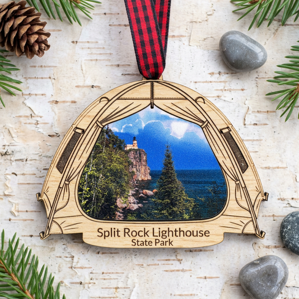 Tent shaped Ornament with a split rock lighthouse state park image design Set on birch bark with natural forest accents