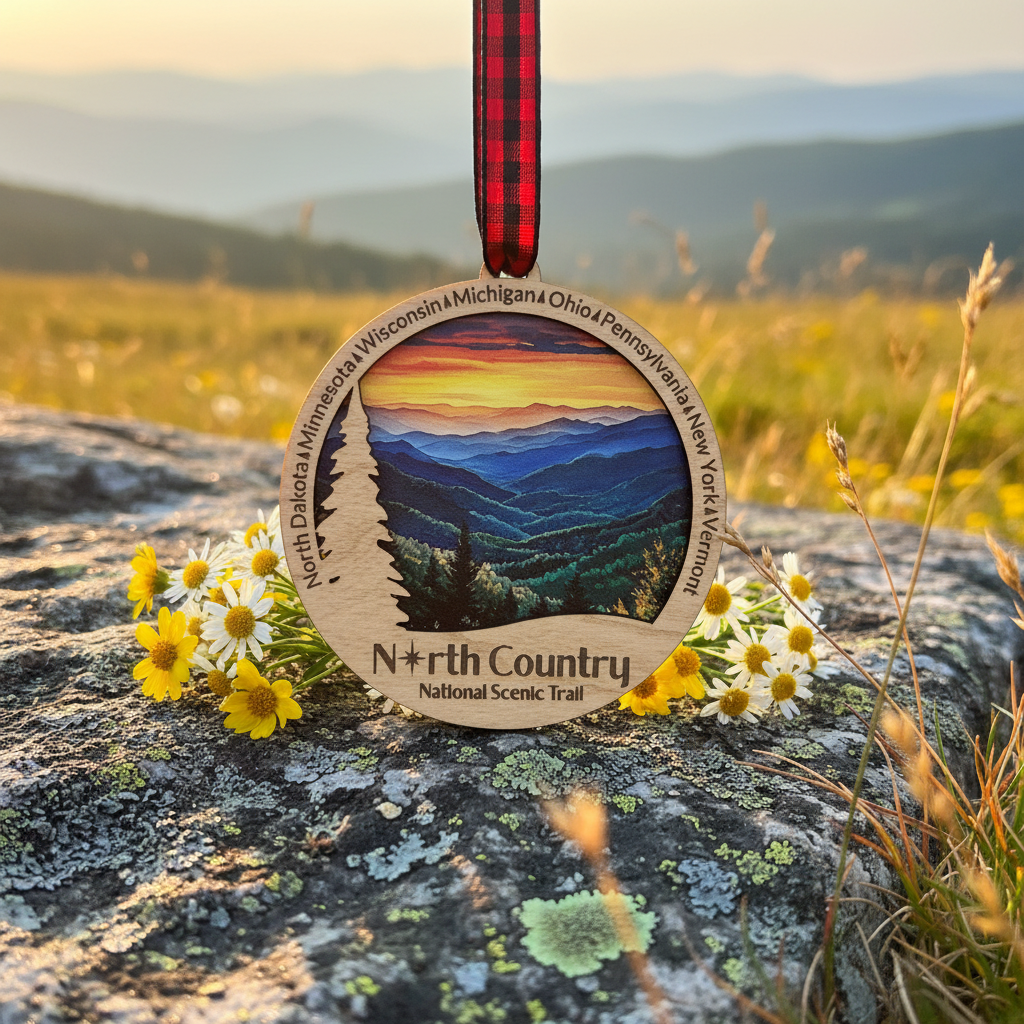 North Country Trail Ornament depicting a tree against a Mountain View background, on a granite rock with mountains in background.