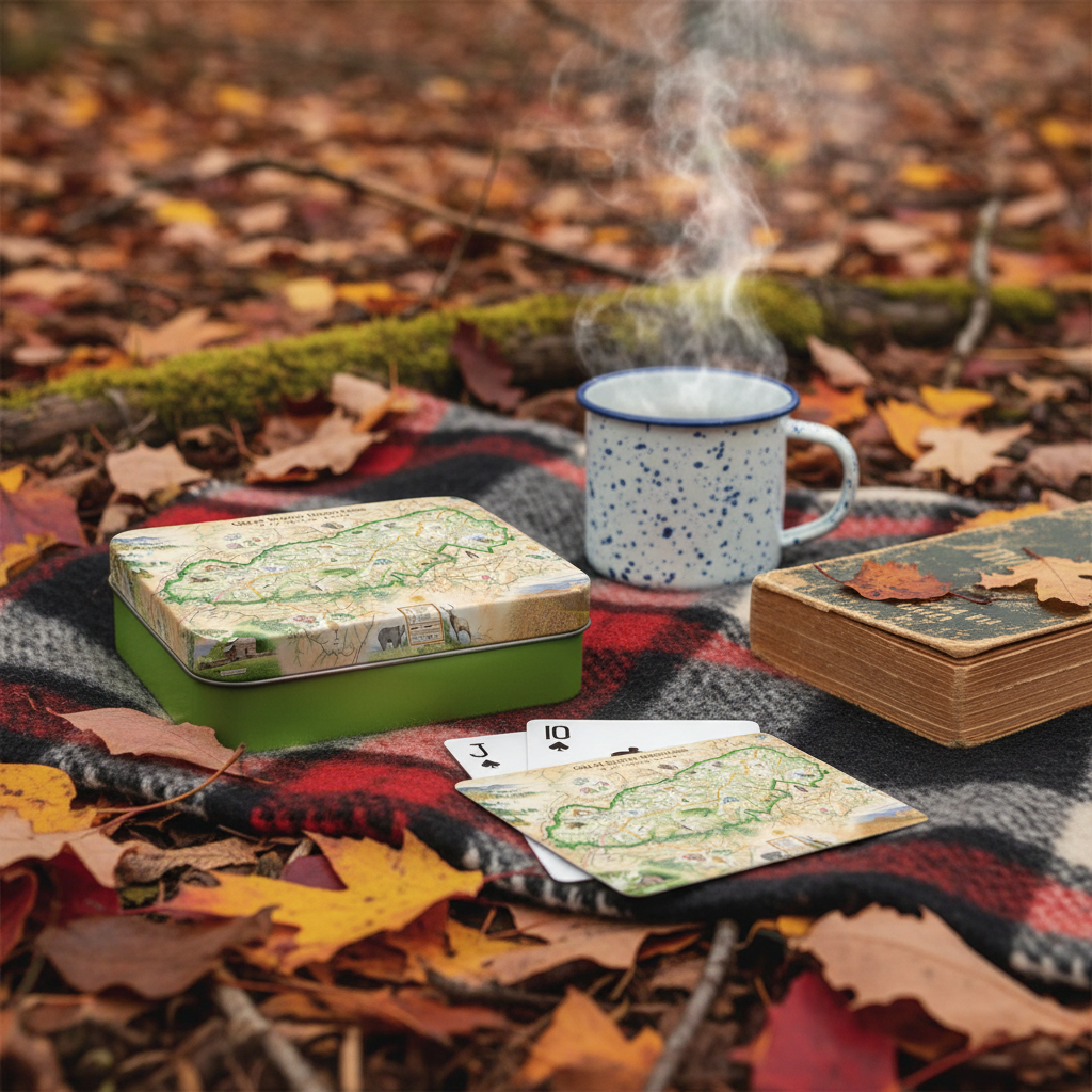 A styled outdoor picnic scene on a blanket surrounded by autumn leaves, featuring a green metal tin with a map-patterned lid, a steaming white speckled mug, a deck of playing cards, and a vintage book.