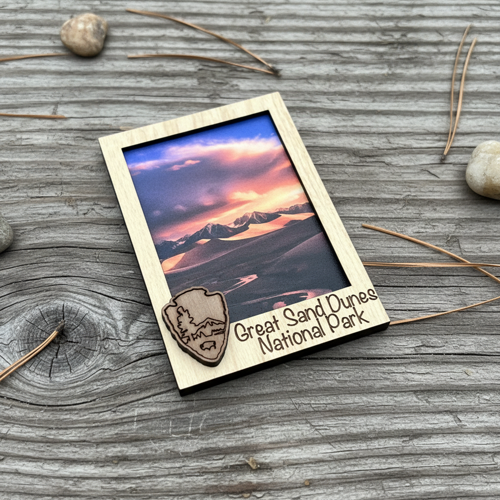 A rectangular wooden magnet with a colorful landscape print of Great Sand Dunes National Park, placed on a weathered gray wood surface with small stones and pine needles around it. The frame has a laser-engraved Great Sand Dunes National Park logo and text at the bottom left.