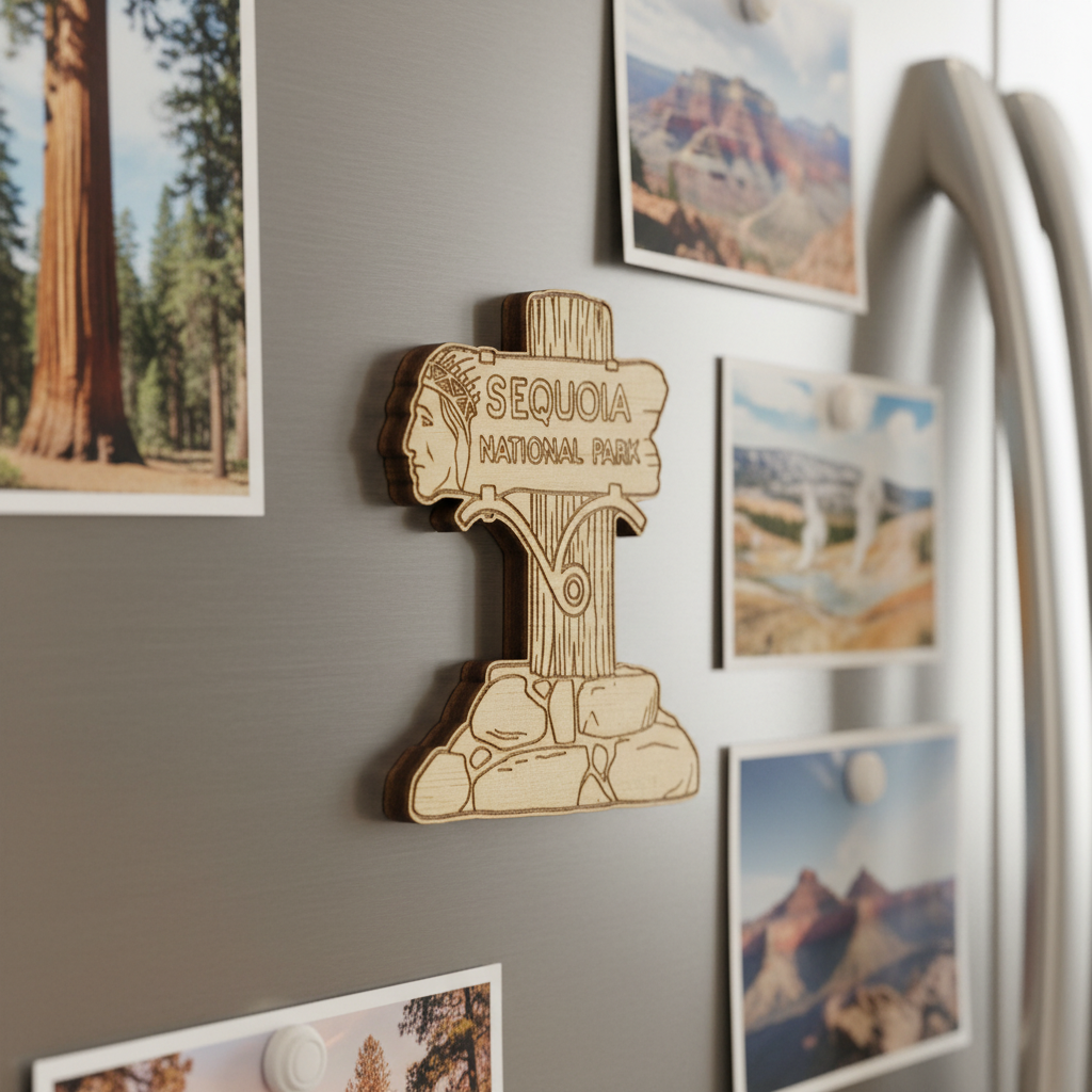 A wooden Sequoia National Park sign magnet attached to a brushed metal refrigerator door, surrounded by small landscape photos.