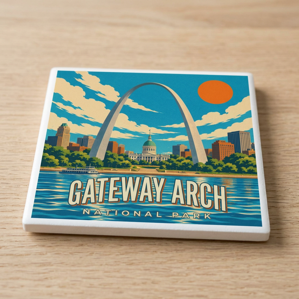 Square ceramic coaster, sitting on a wood surface featuring Gateway arch national Park. The design features of view from the river, looking towards the arch with the historic courthouse in the background.