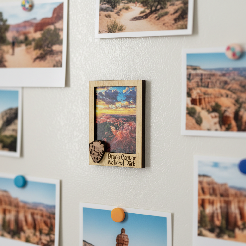 A small wooden framed Bryce Canyon National Park magnet is pinned to a white refrigerator wall, surrounded by other landscape photos and colorful pushpins.