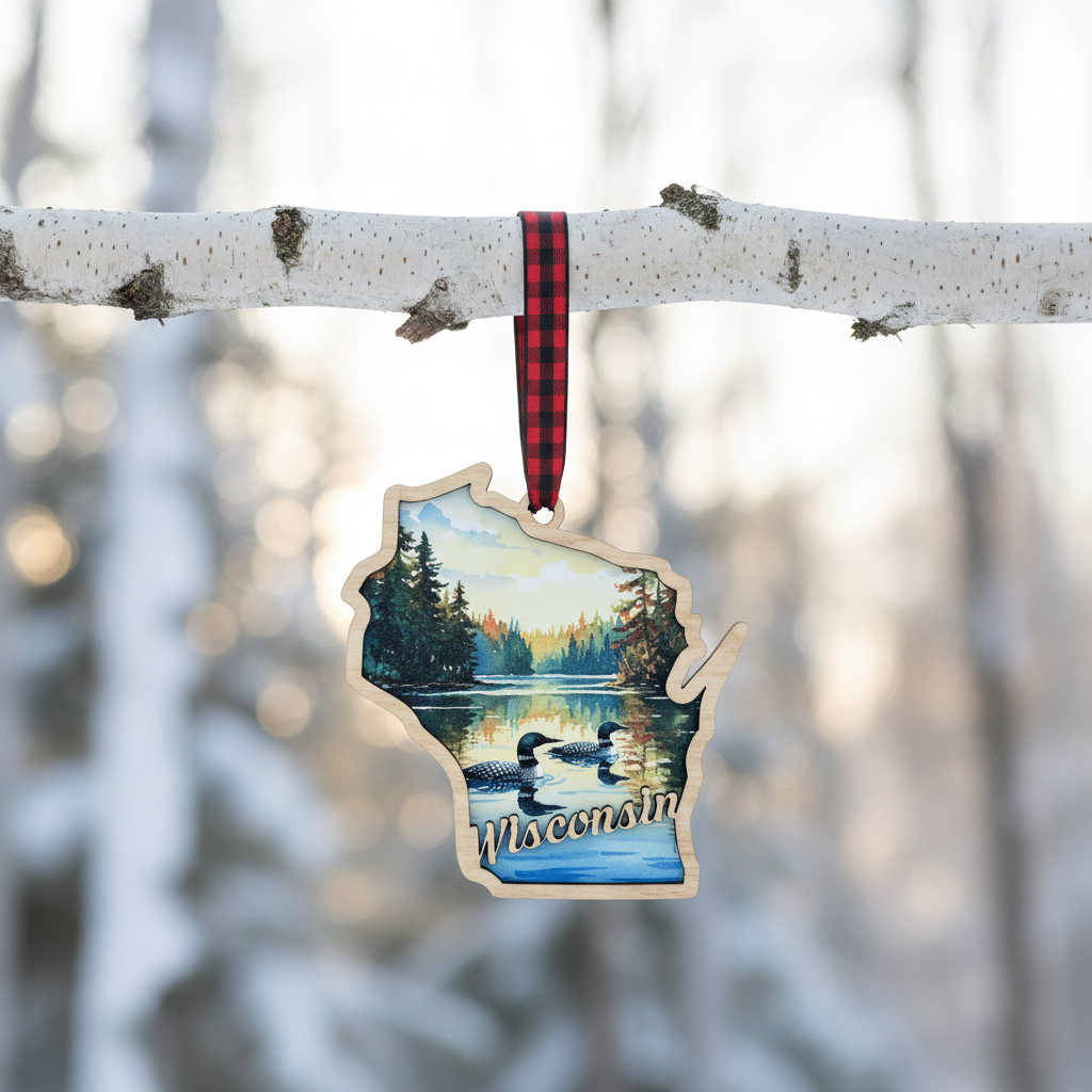 A Wisconsin-shaped ornament with a painted lake and loon scene, hanging from a red-and-black plaid ribbon on a white birch branch against a blurred outdoor winter background.