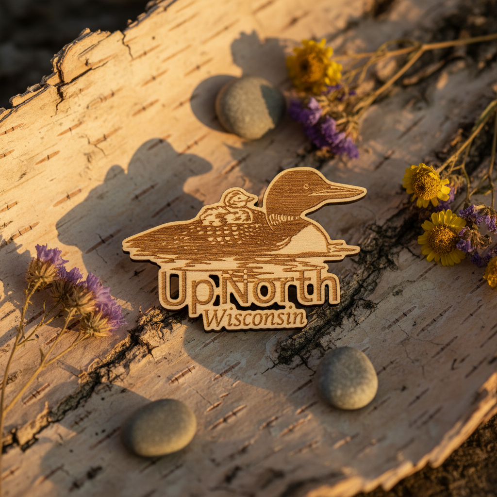 Wooden 'Up North Wisconsin' loon magnet on a wooden surface with flowers and stones.
