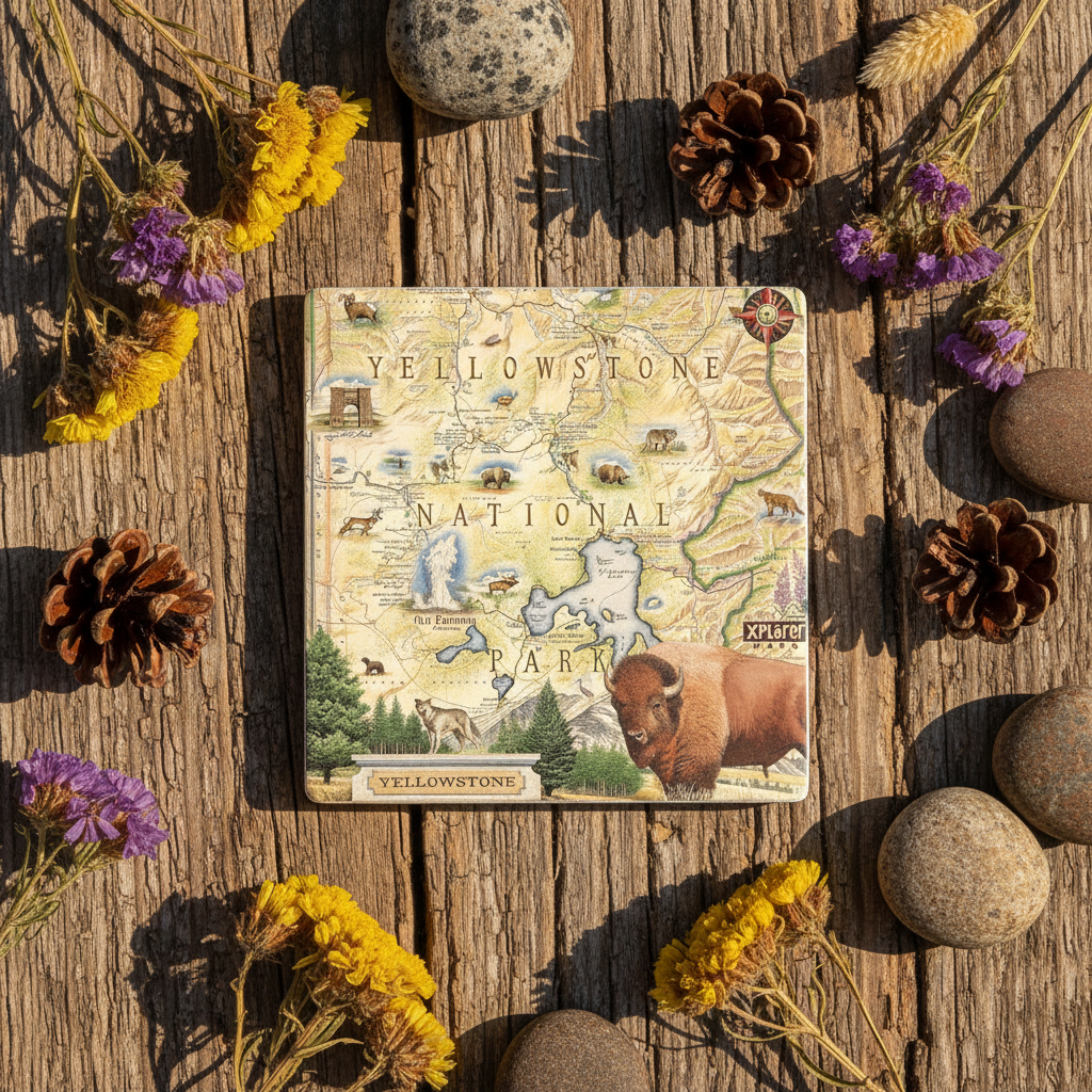 A square ceramic coaster featuring a vintage-style map of Yellowstone National Park with a bison illustration, displayed on a rustic wooden surface surrounded by pinecones, stones, and dried yellow and purple flowers.