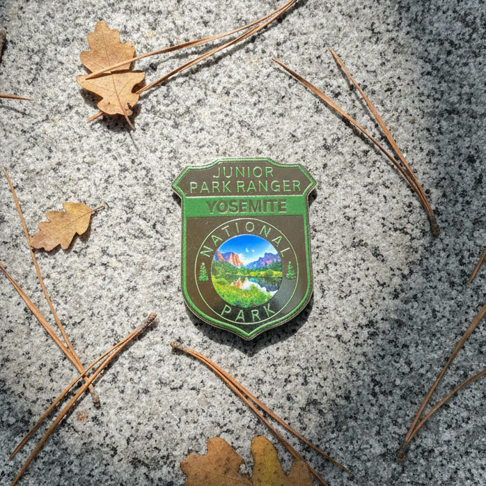 A green shield-shaped Yosemite National Park Junior Park Ranger pin lies on a gray granite surface, surrounded by scattered pine needles and dry autumn leaves.