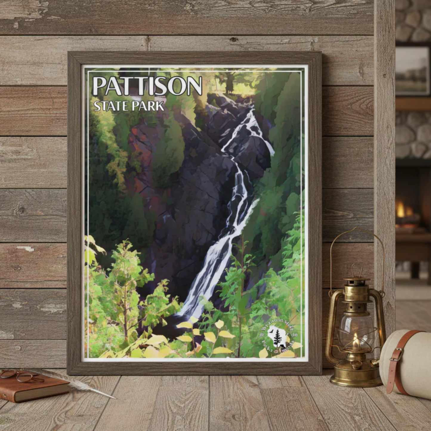 Framed Patterson State Park poster depicting a waterfall against a rustic wood background with decorative elements.